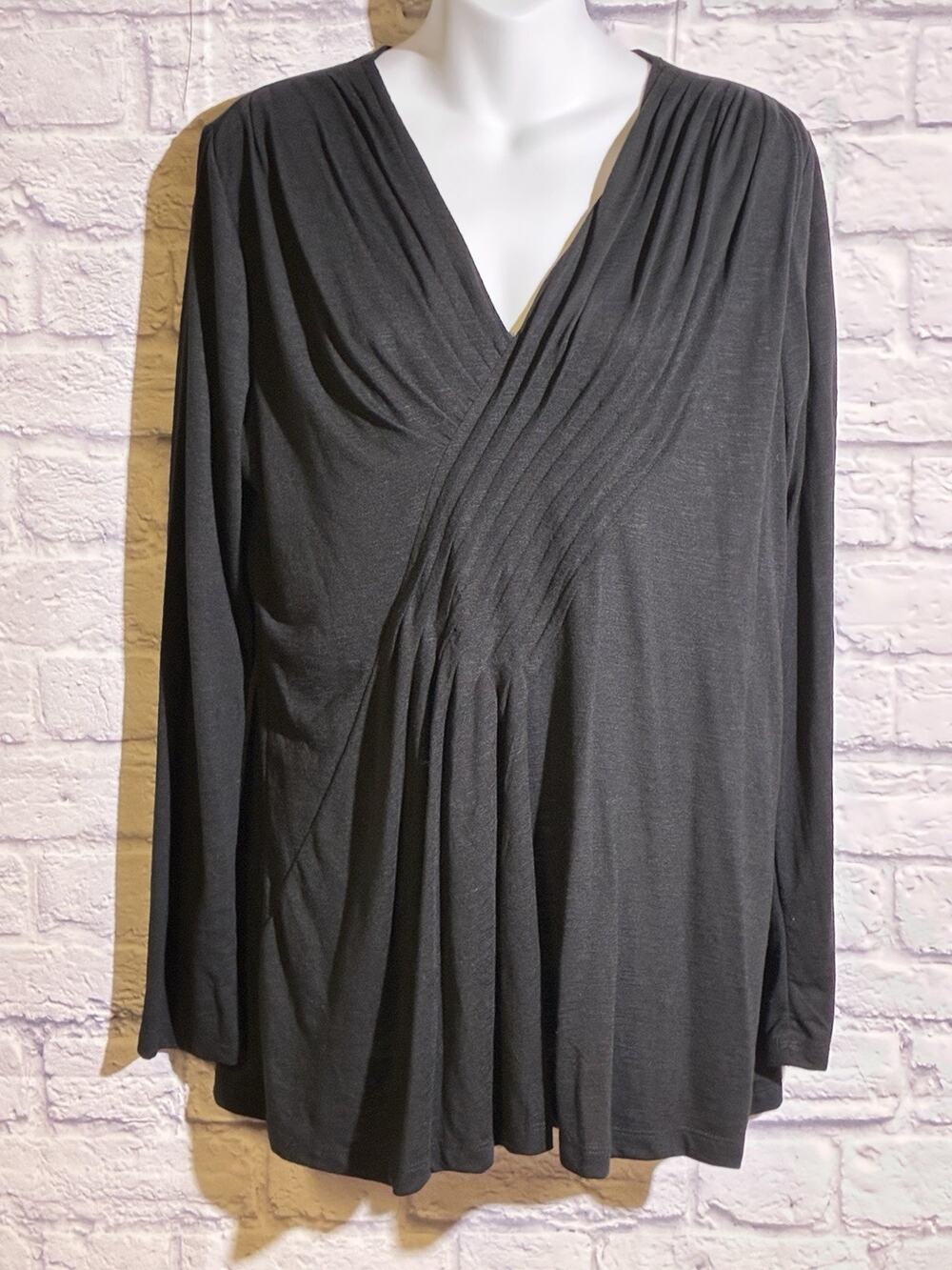 NWT Rafaella XL Black Draped Surplice V Neck Long Sleeve Tunic Top